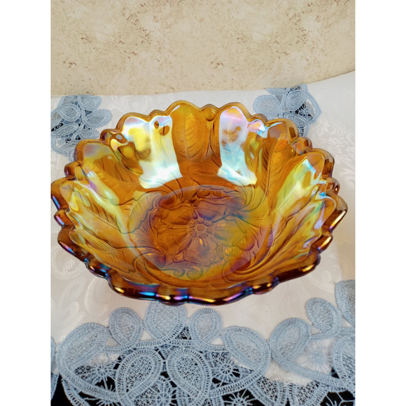 Indiana Glass Flower & Leaf Marigold Carnival Scalloped Footed Serving Bowl 9" - Picture 1 of 12